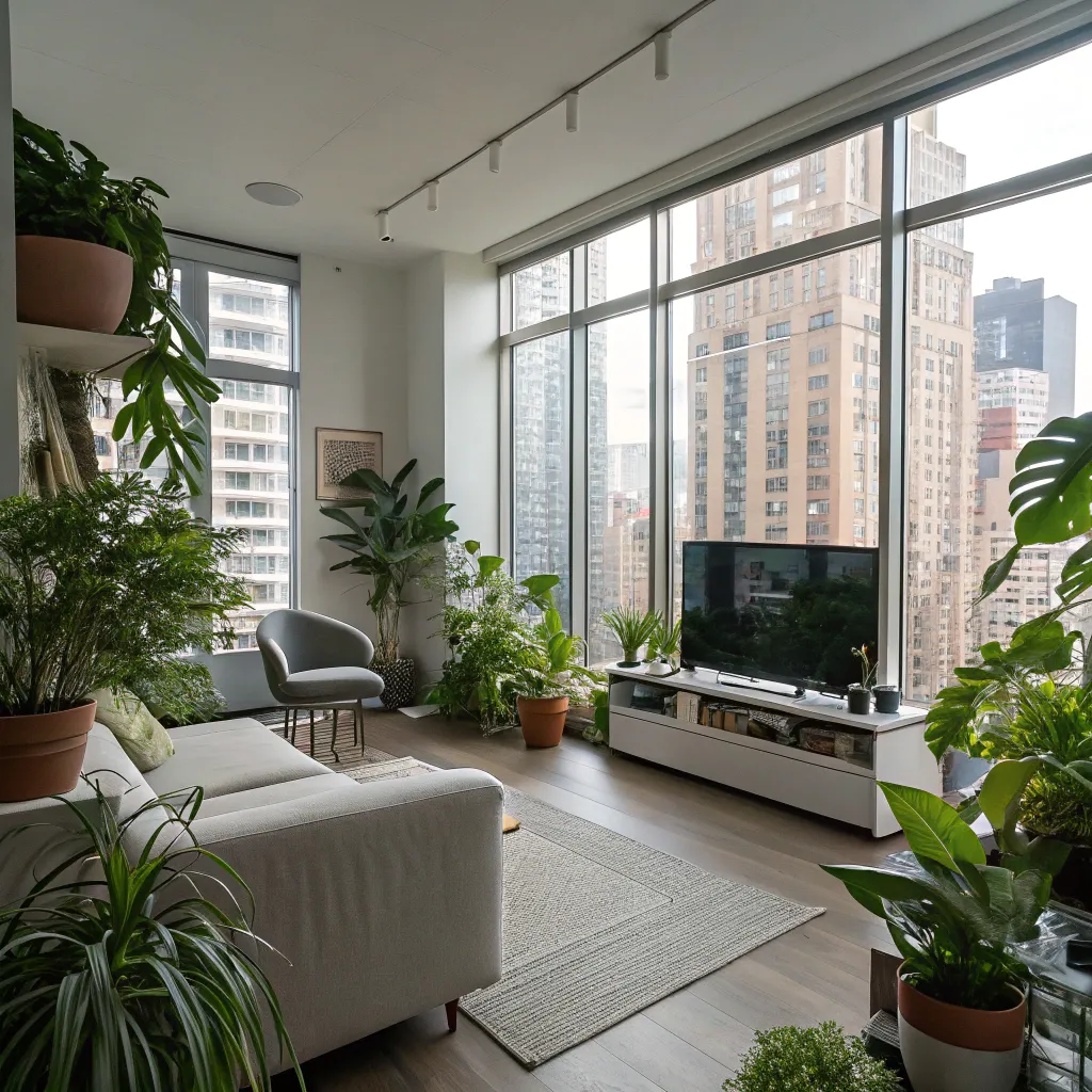 A modern studio apartment with creatively placed plants